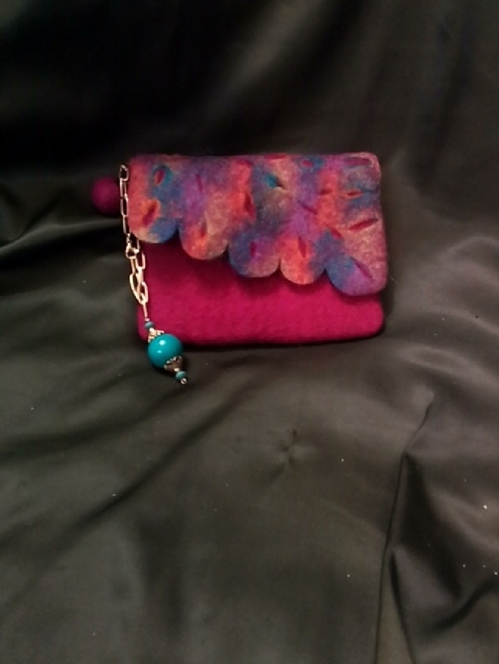 Hand Crafted Magenta Felt Clutch with Multicolor Scalloped Flap